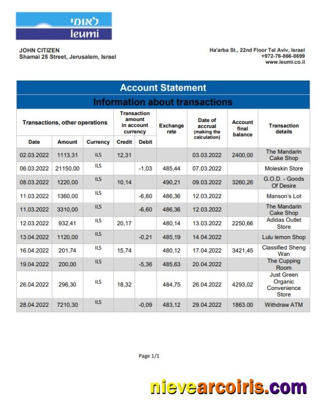 Israel Leumi bank statement